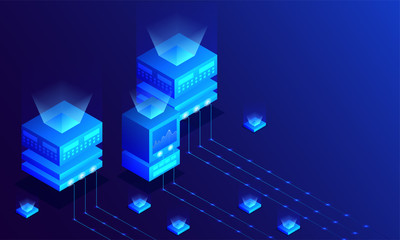 Canvas Print - Big data server connected to multiple local servers, monitor analysis stats on glossy blue background. Isometric design for Data Center or management concept.