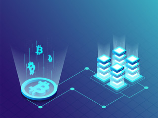 Canvas Print - Glowing mining or bitcoin server connected with data servers on blue background for Crypto Mining concept.