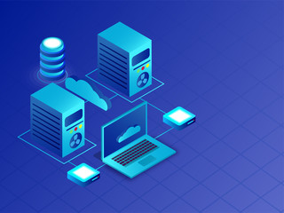 Sticker - Isometric servers and laptop connected with cloud server for Data Center or Database concept.