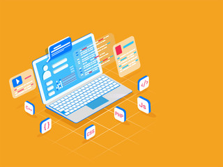 Poster - Programming concept based isometric design, laptop with user login screen and different coding language signs on orange background.