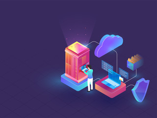 Canvas Print - Data Management or Security concept based isometric design with illustration of web server connected with cloud server and security shield on blue background.