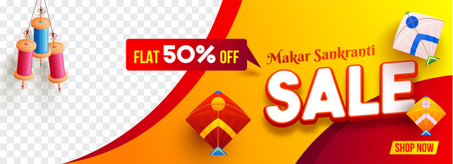 Wall Mural - Makar Sankranti Sale banner or header design with flat 50% discount offer, colorful kites and string spool hang on abstract background with space for your product image.