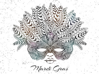 Wall Mural - Creative doodle party masquerade illustration on white background for Mardi gras party poster design.