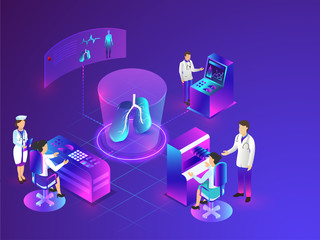 Wall Mural - Different health care equipments and checkup platform like eye checkup, body scanning and testing process, isometric design on shiny blue background.