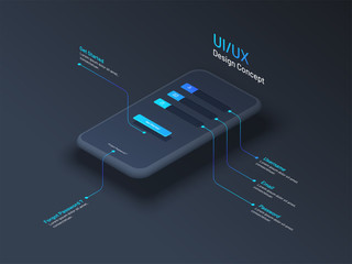 Poster - UI or UX design concept with isometric illustration of smartphone with access or login window.