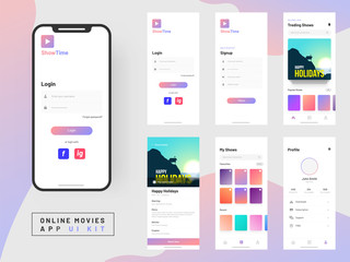 Canvas Print - Online Movie App UI Kit for responsive mobile app or website with different GUI layout including Login, Create Account, Profile, Transaction and Notification screens.