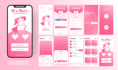 Canvas Print - Dating app ui kit for responsive mobile app or website with different gui layout including user category, details, place and user profile type screens.