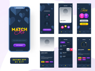 Dating app ui kit for responsive mobile app or website with different gui layout including user category, details, place and user profile type screens.