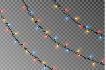 Wall Mural - Christmas lights string vector. Transparent effect decoration isolated on background. Realistic Christmas color garland vector. Winter xmas glowing lights string. Vector banner illustration