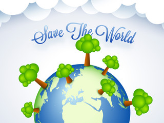 Wall Mural - Save The World concept with green earth globe illustration on paper cut style cloudy background.