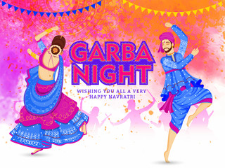 Canvas Print - Garba Night party celebration poster or banner design, illustration of couple dancing on color splash background and text message Wishing You All A Very Happy Navratri.