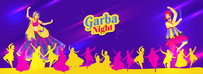 Sticker - Advertisng Garba Night party header or banner design with illustration of couple dancing on glossy purple lighting background.