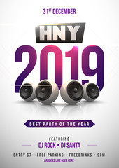 Poster - Happy New Year template design with shiny purple text 2019 on white background for celebration concept.