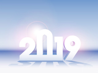 Sticker - 3D text 2019 on glossy blue background for New Year celebration.