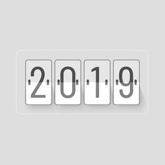 Wall Mural - Digital clock with lettering of 2019 on grey background for New Year celebration concept.