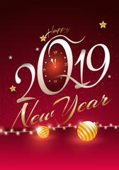 Sticker - Stylish text 2019 with wall clock on glossy red background. Happy New Year greeting card design.