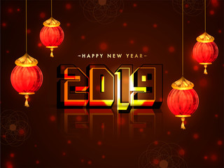 Wall Mural - 3D text 2019 with orange lanterns hang on brown bokeh background for Happy New Year celebration.