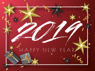 Sticker - Happy New Year 2019 greeting card design decorated with gift boxes and stars on red background.