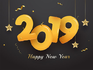 Poster - 2019 lettering on glossy black background decorated confetti and stars for New Year celebration concept.