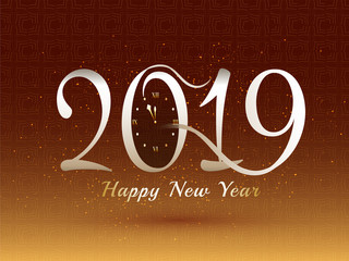 Poster - Creative lettering of 2019 with watch on glossy brown background for New Year celebration poster or template design.