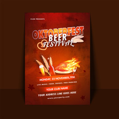 Poster - Beer festival invitation card design with illustration of beer bottle, pretzel and hot chicken on shiny brown texture background for Oktoberfest celebration concept.