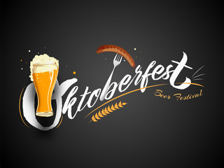 Stylish text Oktoberfest Beer Festival with wine glass, sausage fork and wheat on black background, Can used as poster or banner design.