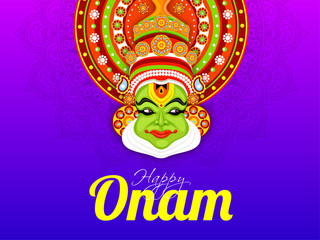 Sticker - Illustration of Kathakali dancer face on purple floral background for Happy Onam celebration greeting card design.