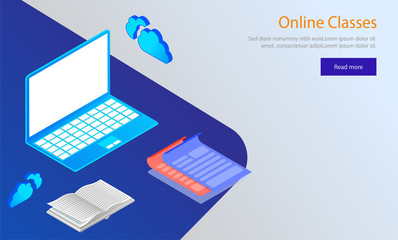 Wall Mural - Online Classes concept based web template design, isometric illustration of laptop with book and documents on shiny blue background.