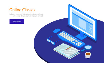 Poster - Online classes concept, Isometric desktop with study material on white background, responsive web template design.