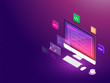 © Abdul Qaiyoom - Isometric illustration of desktop with different programing languages software development responsive landing page.