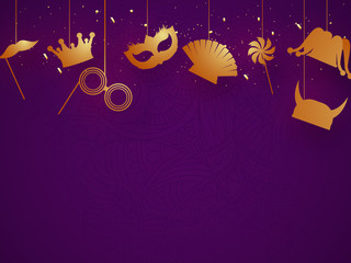 Wall Mural - Party props hang on purple background for carnival or festival celebration concept.