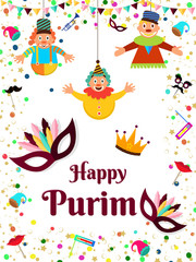 Wall Mural - Happy Purim party template or greeting card design with masquerade, props and funny jesters hang on white background.