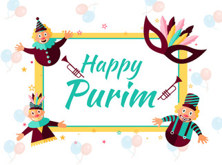 Canvas Print - Happy Purim greeting card design with funny jesters and masquerade on balloons decorated background for Jewish Holiday celebration.