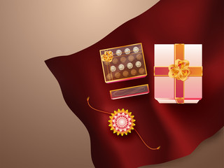 Wall Mural - Illustration of rakhi (wristband) with gift and sweets box on shiny red and brown background for Indian festival celebration.