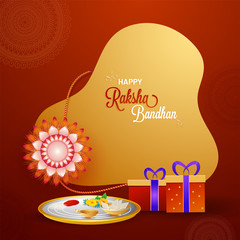 Sticker - Creative greeting card design decorated with beautiful rakhi (wristband), worship plate and gift box on shiny red background.