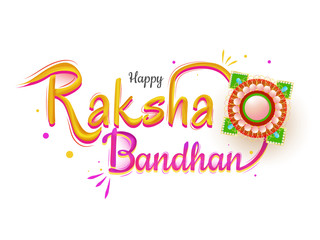 Canvas Print - Stylish lettering of Happy Raksha Bandhan with rakhi (wristbands) on white background. Can be used as greeting card design.