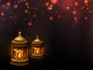 Sticker - Illuminated lantern on brown shiny background for Ramadan Kareem poster or flyer design. Space for your text.