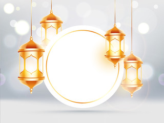 Wall Mural - Golden hanging lanterns decorated bokeh background with circular frame given for your message.