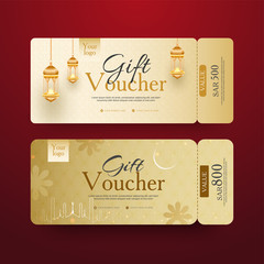 Wall Mural - golden gift voucher set with illuminated lanterns and different values.