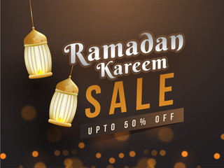 Canvas Print - Sale banner or poster design with hanging illuminated lanterns and 50% discount offer for Ramadan Kareem.