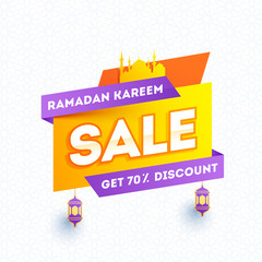 Poster - Ramadan Kareem Sale poster or template design with 70% discount offer on arabic seamless pattern background.