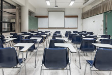 Classroom, Empty Class Or Exam Room For Back To School With Seats And Chairs, No Student