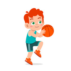 Sticker - happy cute kid boy play train basketball