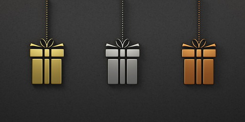 Wall Mural - beautiful set of christmas gift box ornament gold silver bronze, 3d render illustration