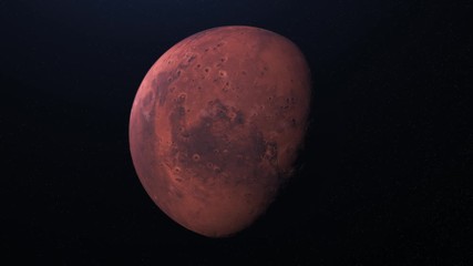Poster - Beautiful abstraction of red Mars planet rotating on black background in space. Animation. Day and night on red Mars planet, light and shadow, spinning colorful sphere in outer space.