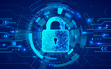 Poster - Internet security. Firewall or other software or network security. Cyber data defense or information protection concept.  Blue abstract technology background. Vector illustration