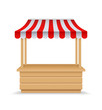 Wooden market stall, fair booth. 3d empty kiosk with striped awning, roof. Isolated market booth mockup for food. Wooden counter with sunshade for street trading, outdoor retail. vendor stall.