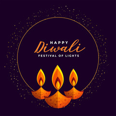 happy diwali festival card design with three diya