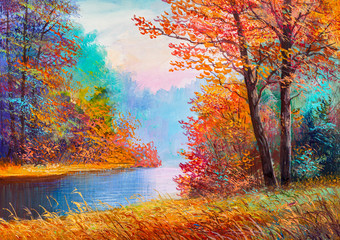 Oil painting landscape - colorful autumn forest