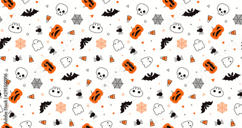 Seamless repeat pattern with pumpkins, ghosts, candy corn, bats, spider webs,...